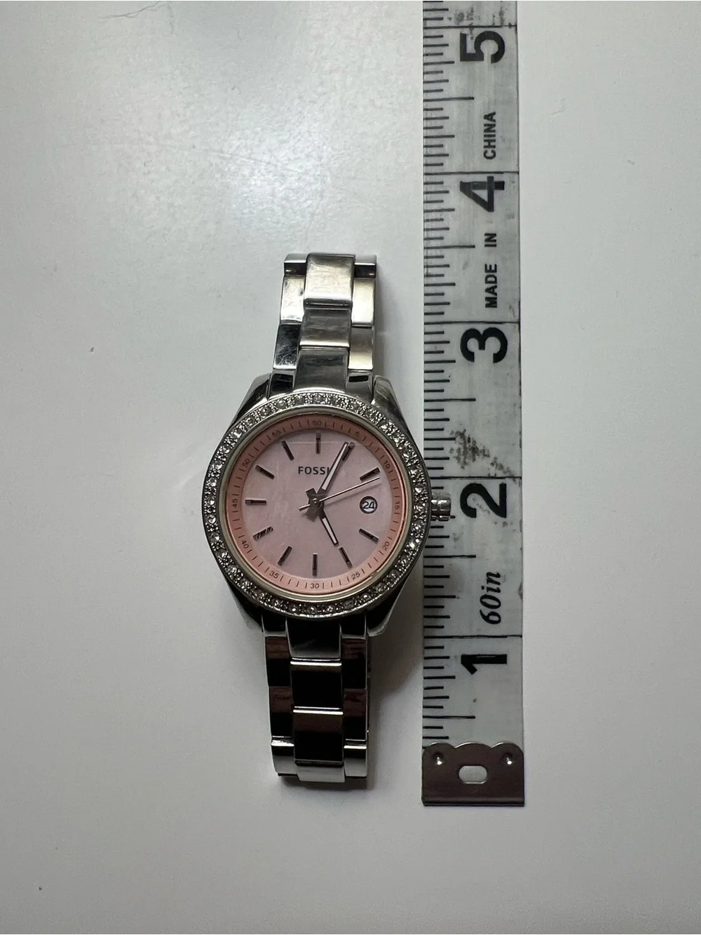Fossil Women's Silver Watch with Pink Dial and Crystal Bezel